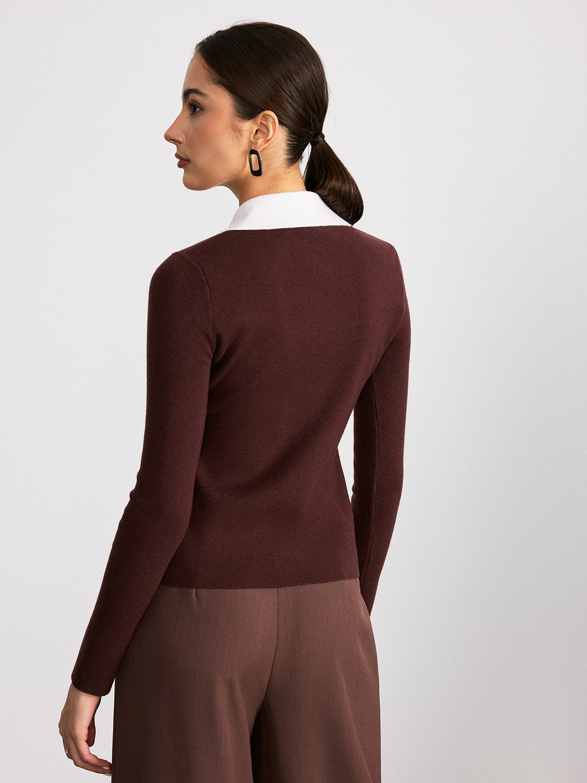 Contrast Collar Wool Blend Zip-Up Cardigan