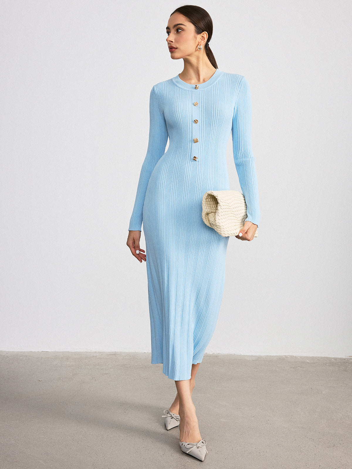 Metal Detail Ribbed Knit Maxi Dress