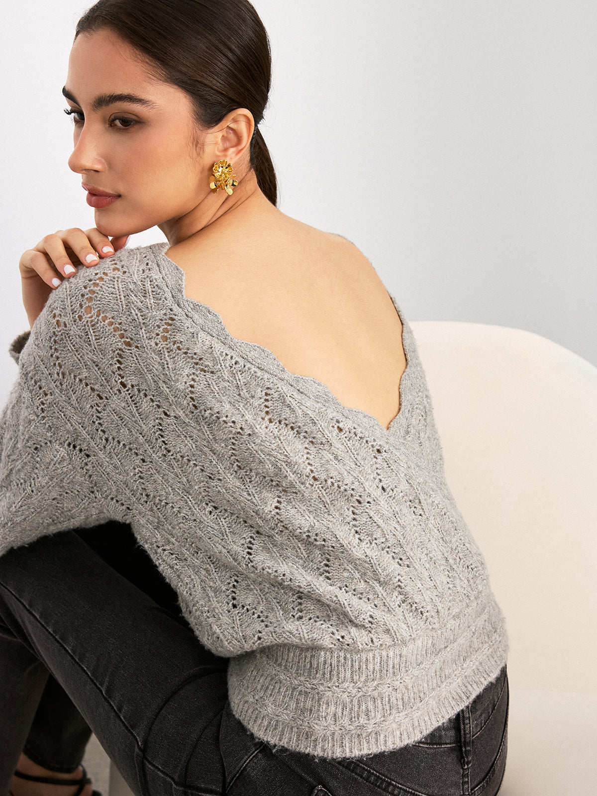 Scalloped Edge Reversible Wool Blend Sweater