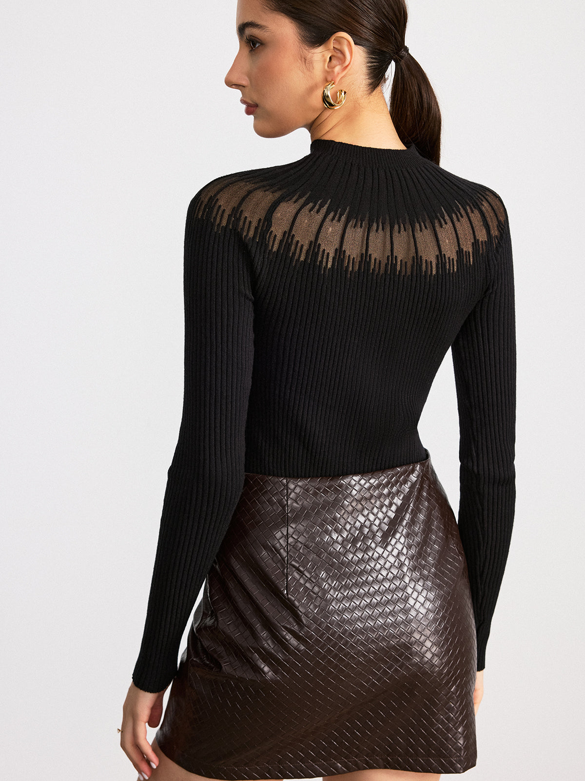 Sheer Panel Mock Neck Sweater