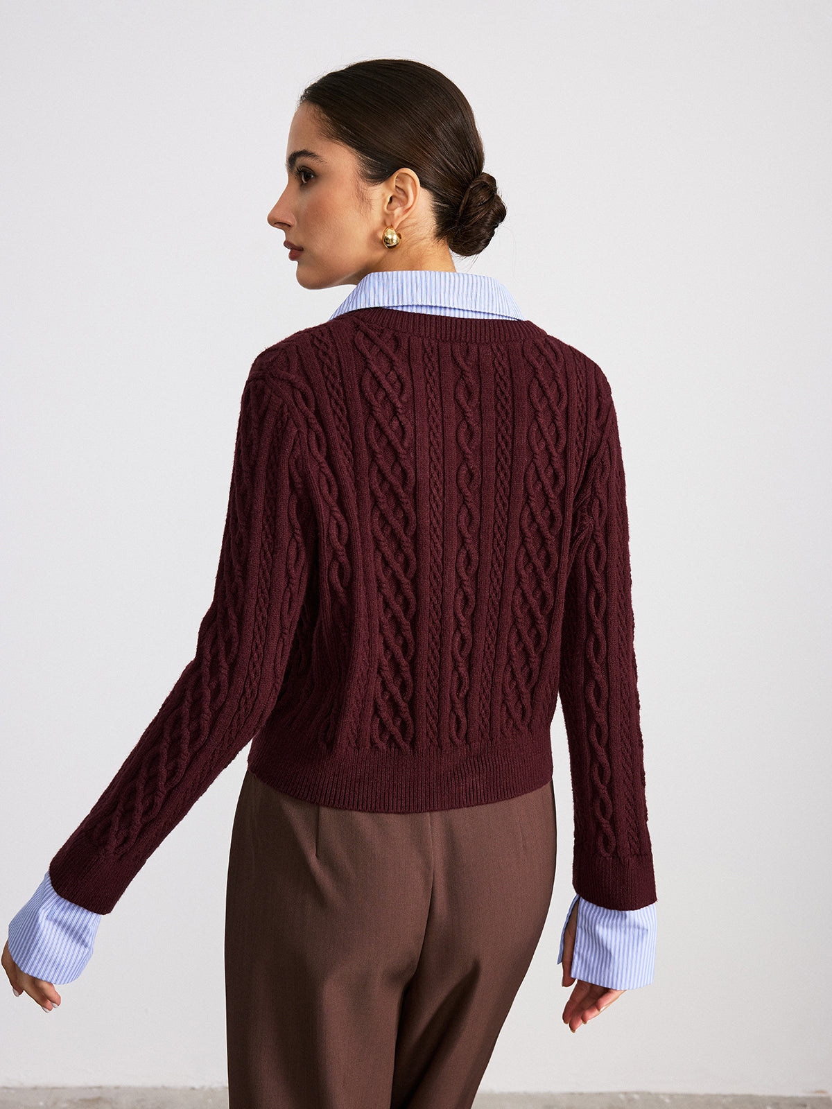 2 in 1 Striped Shirt Panel Cable Knit Top