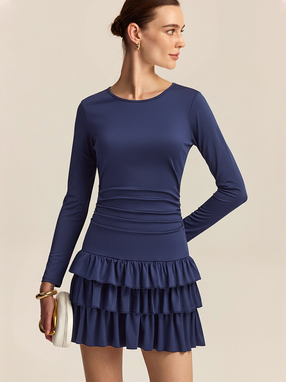 Robe à Manches Longues, Taille Froncée et Volants Superposés