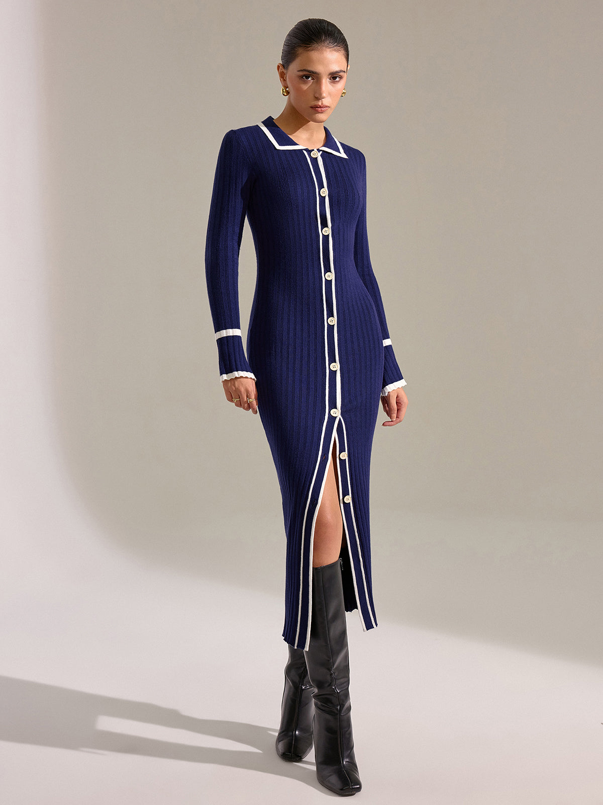 Contrast Trim Button Front Slim Fit Midi Dress