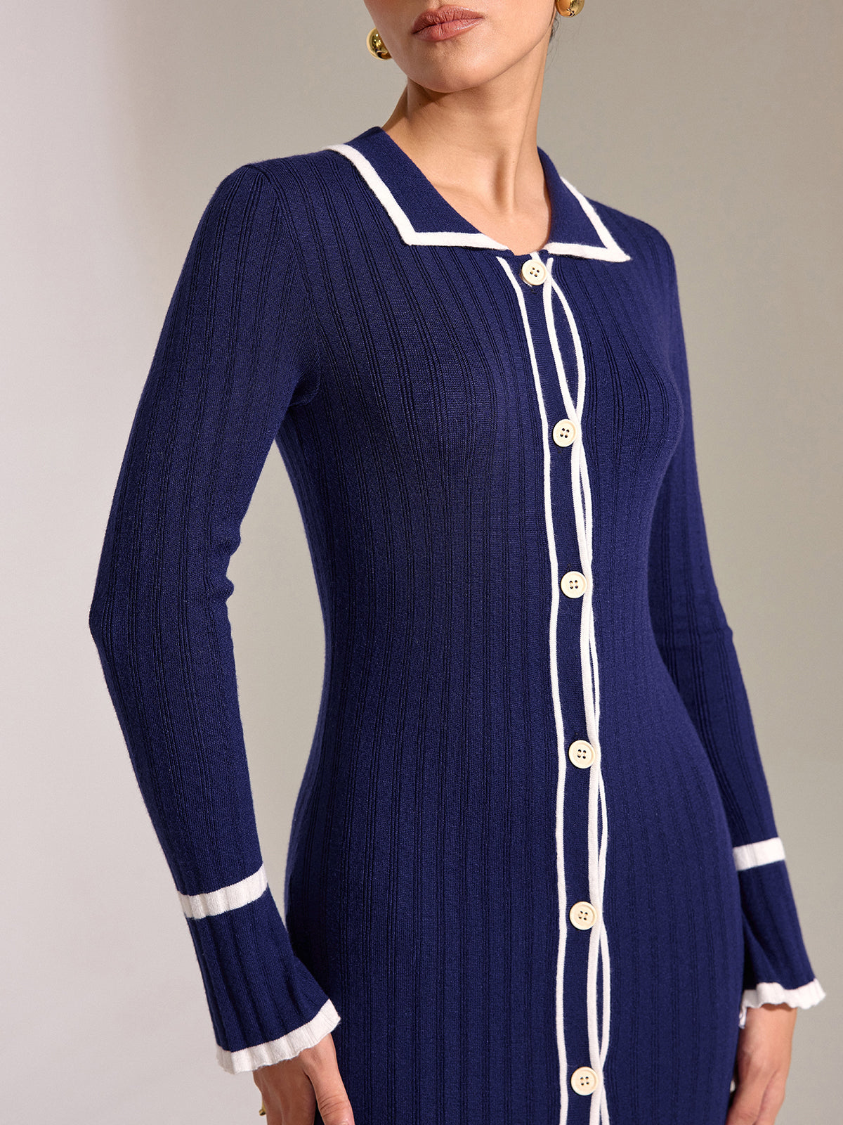 Contrast Trim Button Front Slim Fit Midi Dress