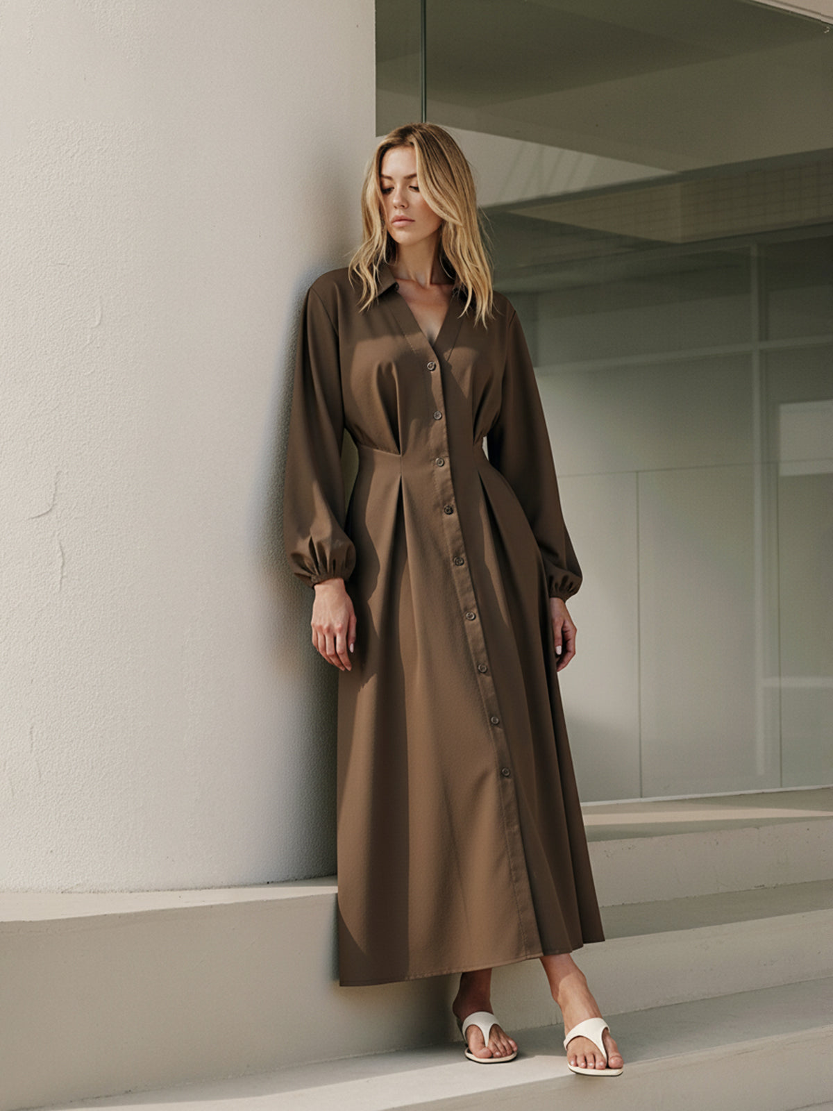 Long Sleeve Button Front Cotton Shirt Dress