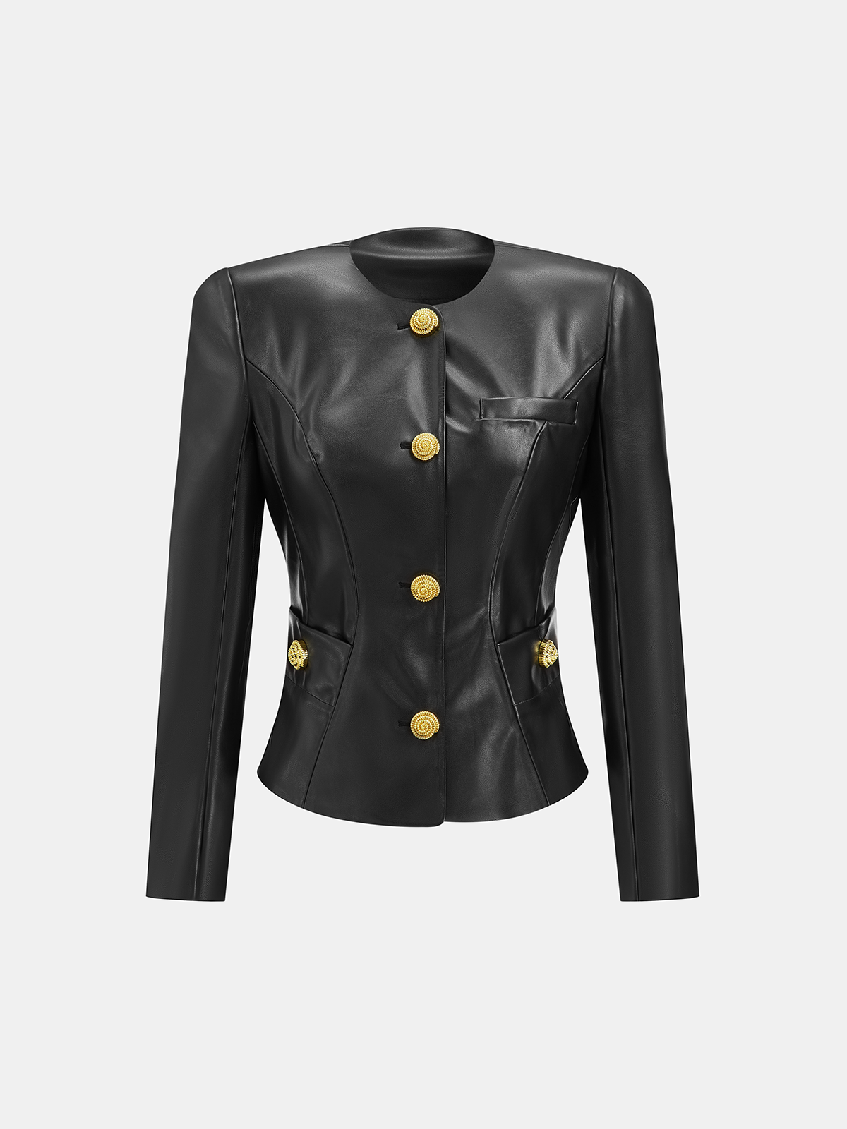 Faux Leather Round Neck Metal Button Fitted Blazer