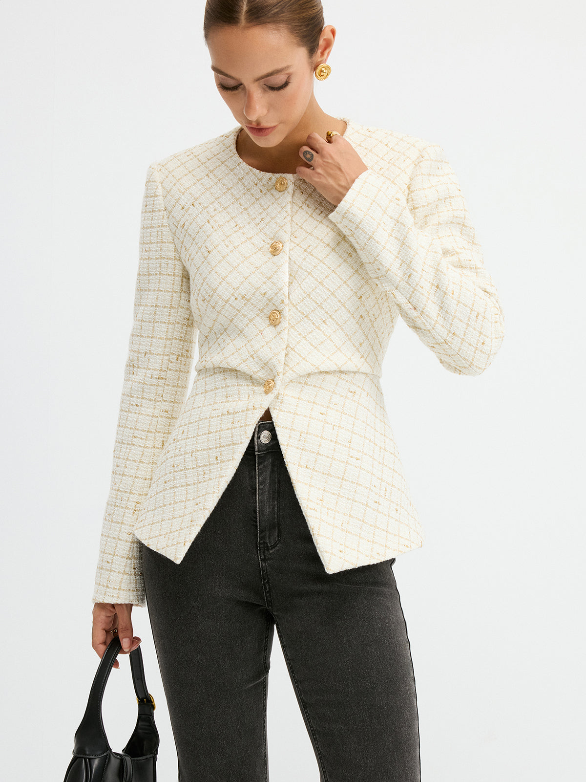 Tweed Round Neck Waist-Cinching Blazer