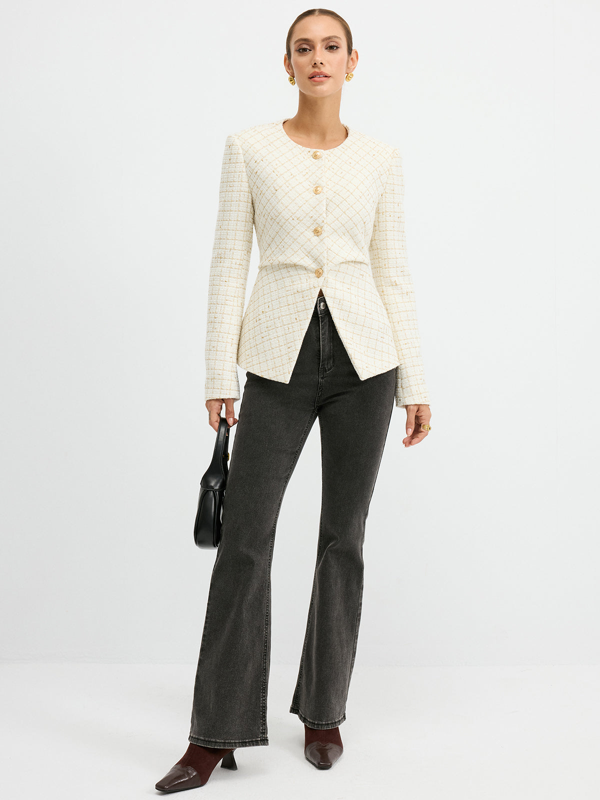 Tweed-Blazer mit Rundhalsausschnitt und Taillenbetonung