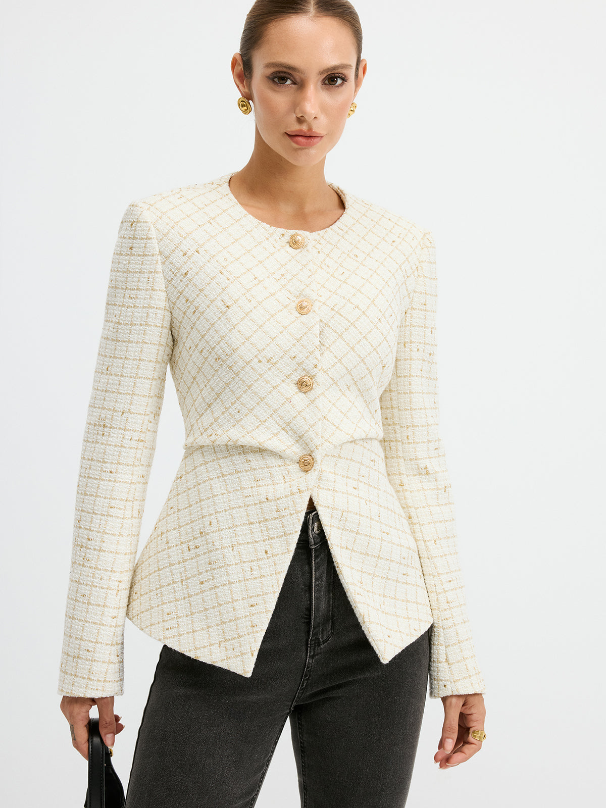 Tweed-Blazer mit Rundhalsausschnitt und Taillenbetonung
