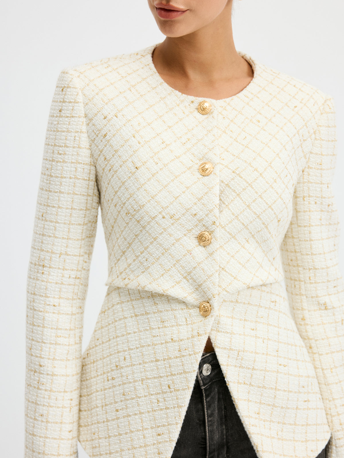 Tweed-Blazer mit Rundhalsausschnitt und Taillenbetonung
