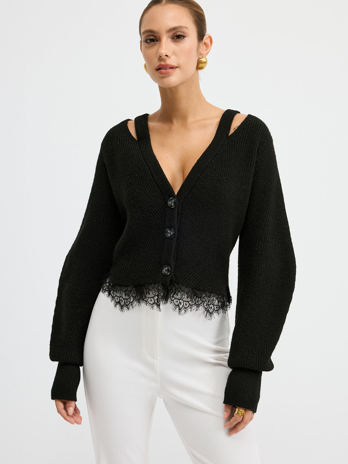 Lace Hem Wool Blend Cardigan