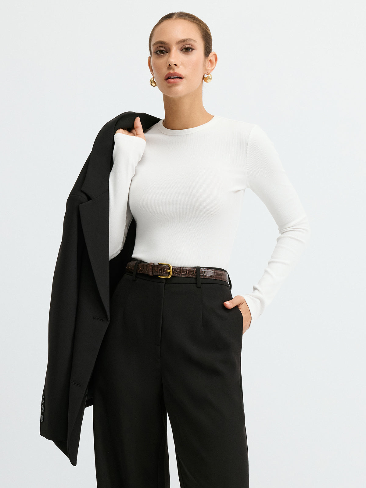 T-shirt à manches longues et col rond côtelé