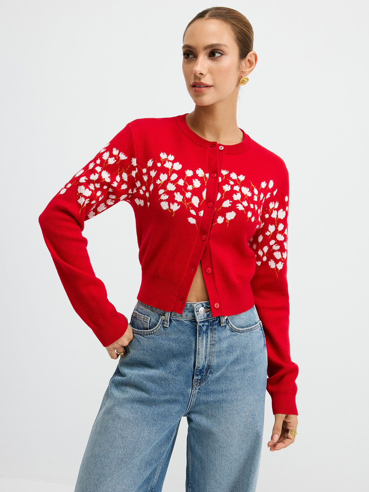 Floral-Patterned Wool Blend Cardigan