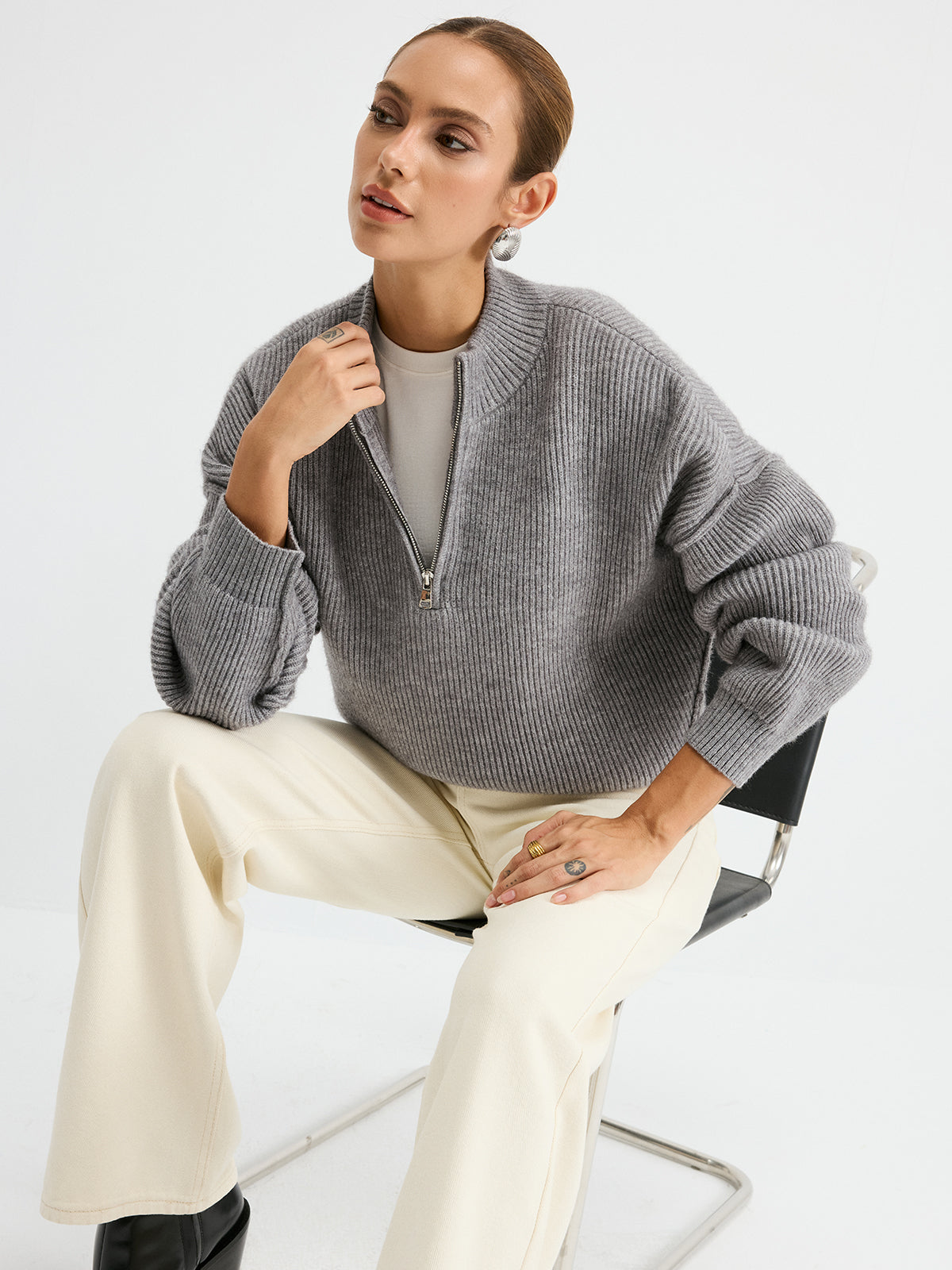 Pullover mit halbem Reißverschluss aus Wollmischung