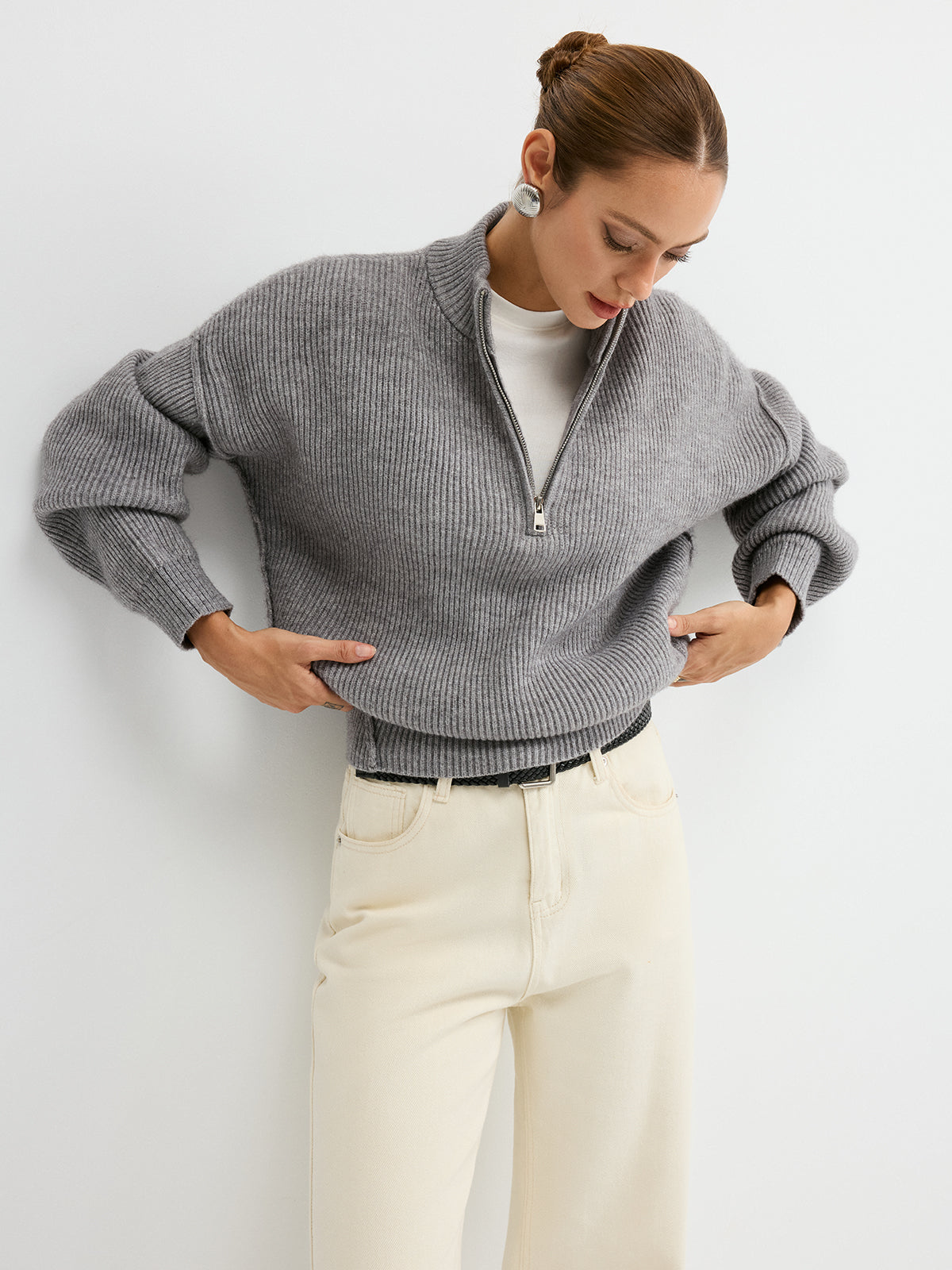 Pullover mit halbem Reißverschluss aus Wollmischung