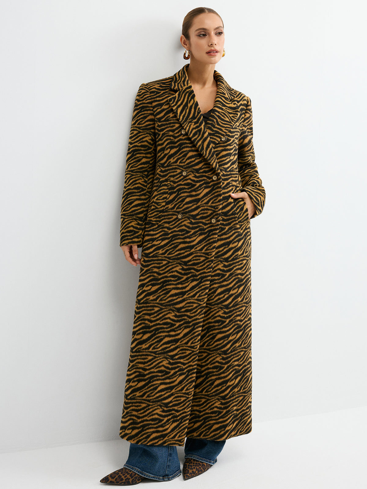 Tiger Print Oversized Tweed Long Coat