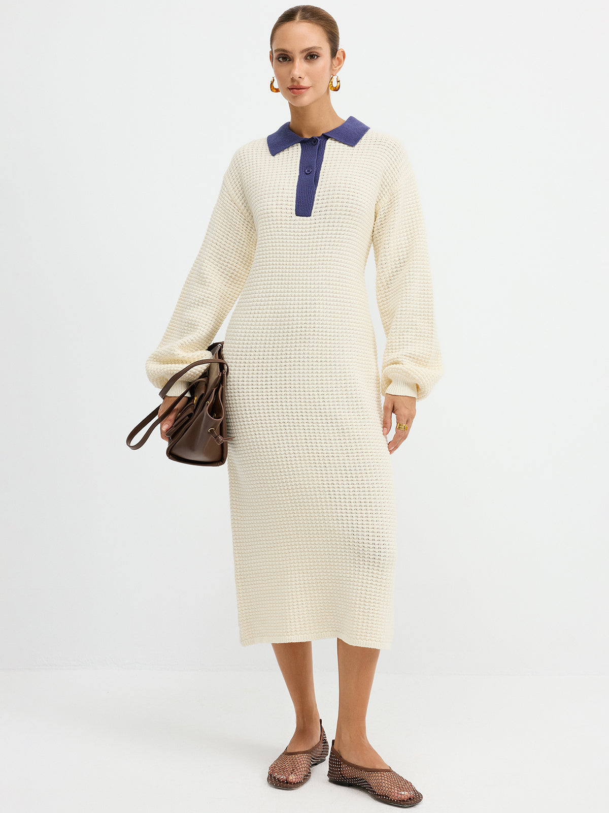 Contrast Collar Waffle-Knit Maxi Dress