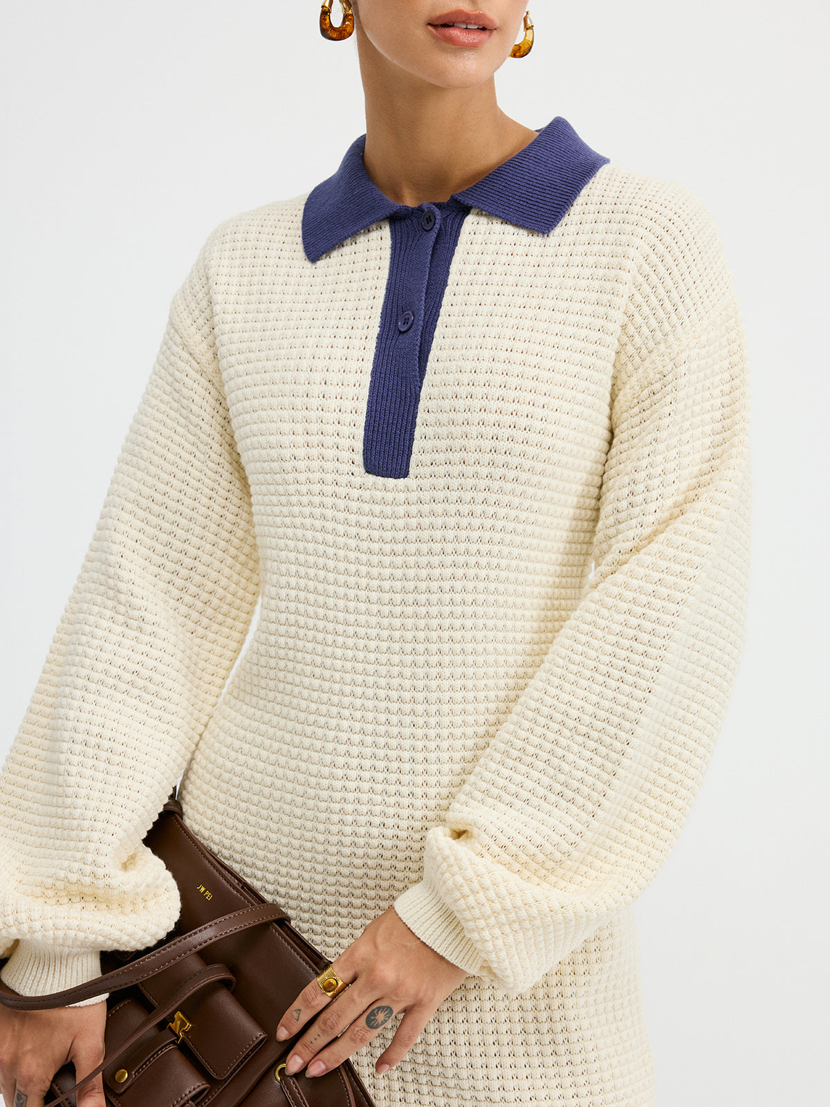 Contrast Collar Waffle-Knit Maxi Dress