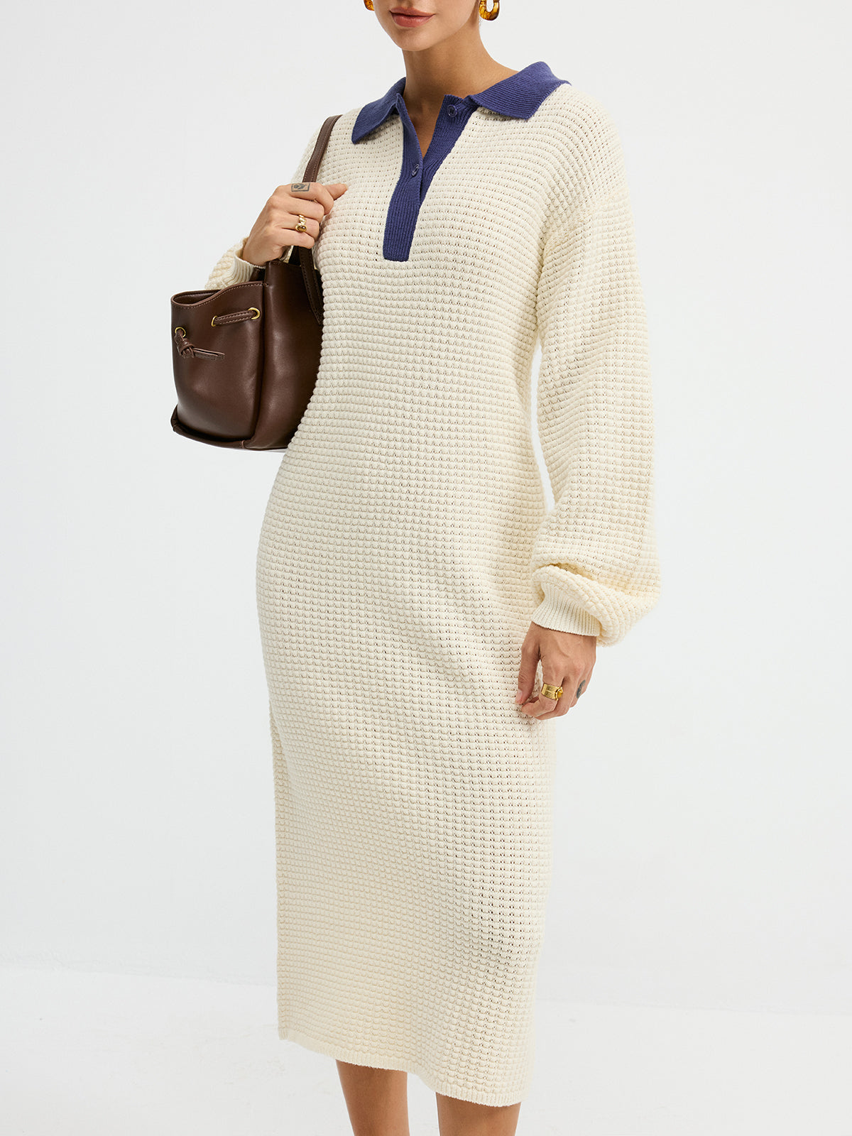 Contrast Collar Waffle-Knit Maxi Dress