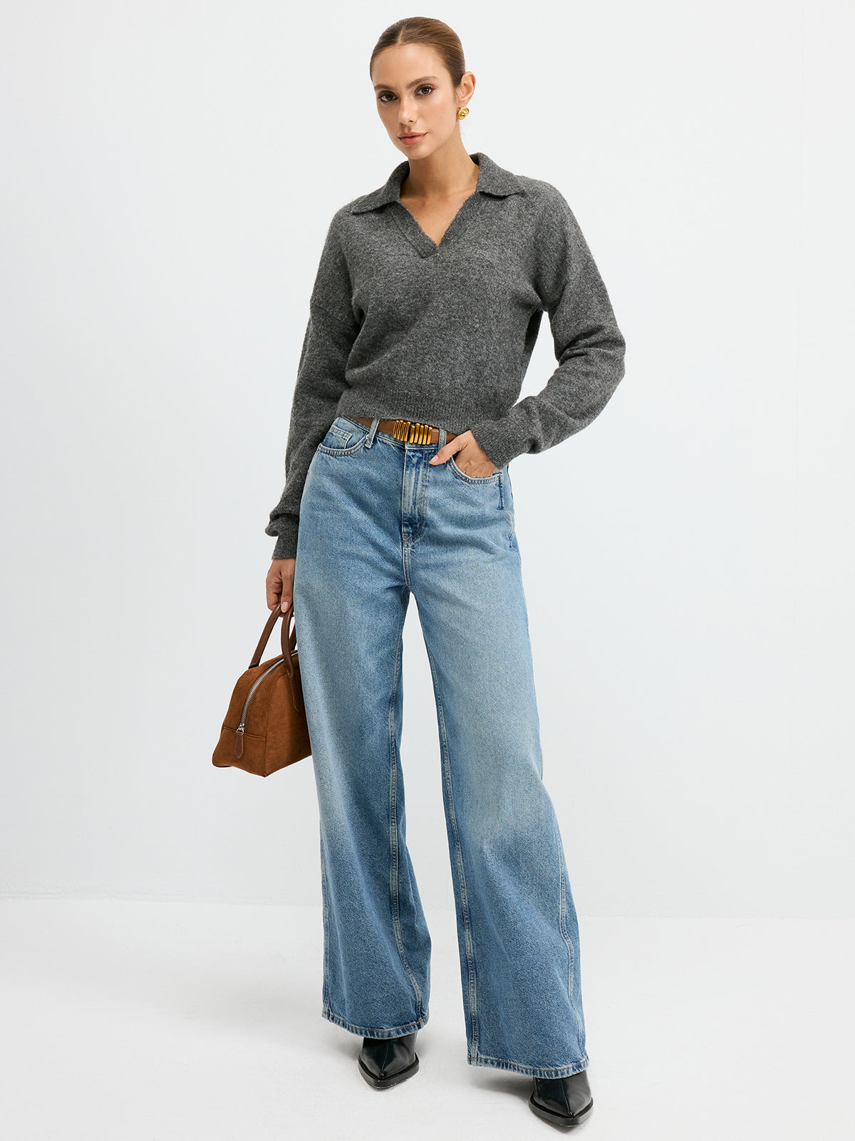 Wool Blend Polo Collar Casual Sweater