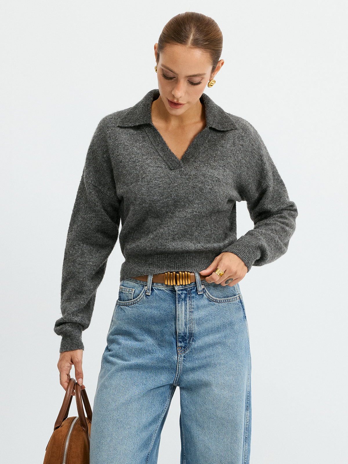 Wool Blend Polo Collar Casual Sweater
