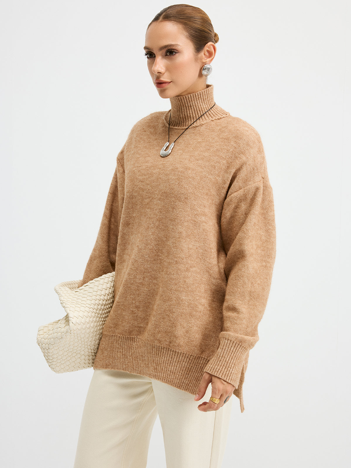 Rollkragen-Pullover mit seitlichen Schlitzen, Oversized, Freizeit