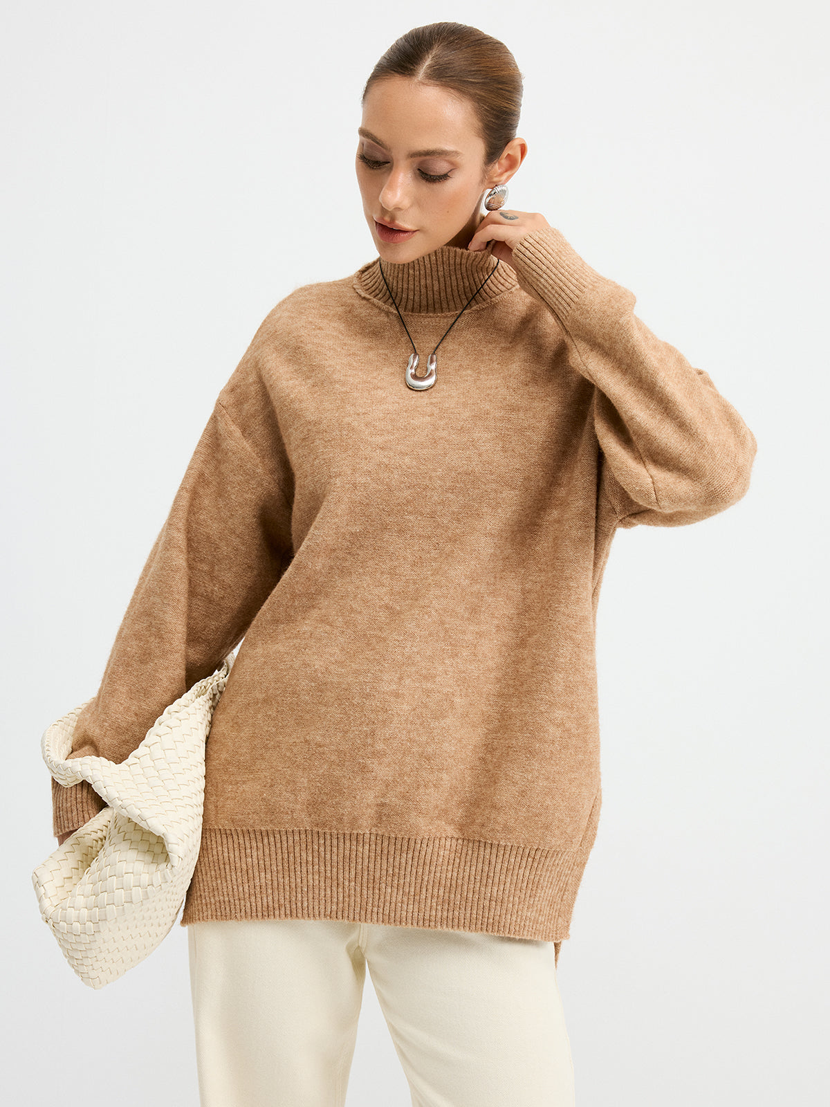 Turtleneck Side-Slit Oversized Casual Sweater