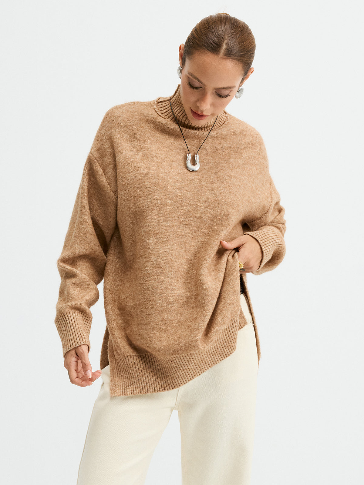 Rollkragen-Pullover mit seitlichen Schlitzen, Oversized, Freizeit