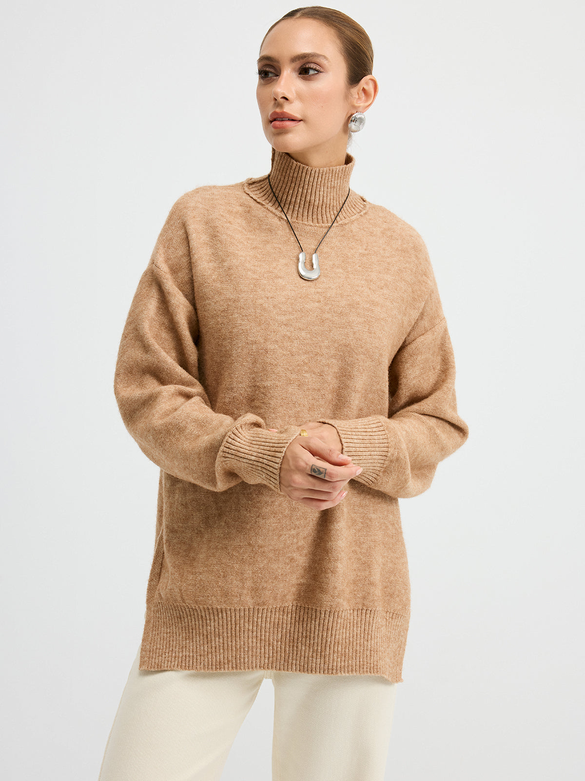 Rollkragen-Pullover mit seitlichen Schlitzen, Oversized, Freizeit