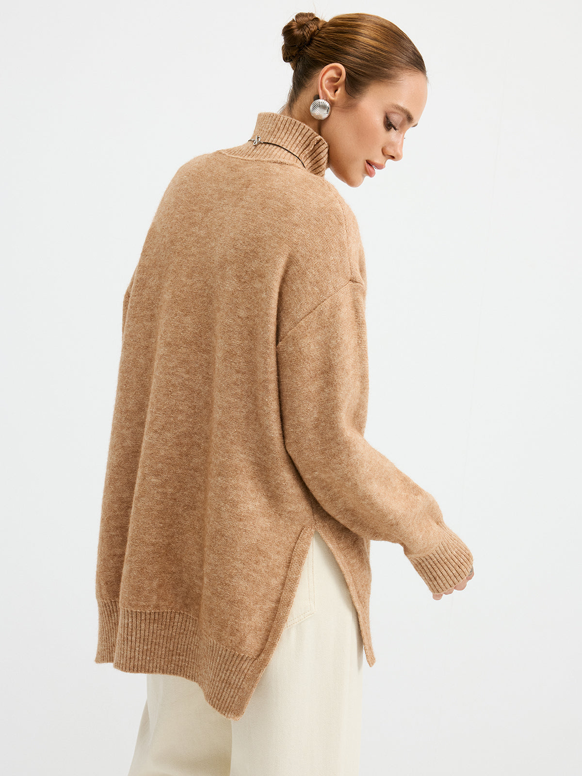 Turtleneck Side-Slit Oversized Casual Sweater