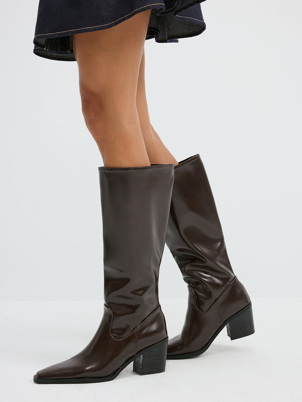 Block Heel PU Leather Knee-High Boots