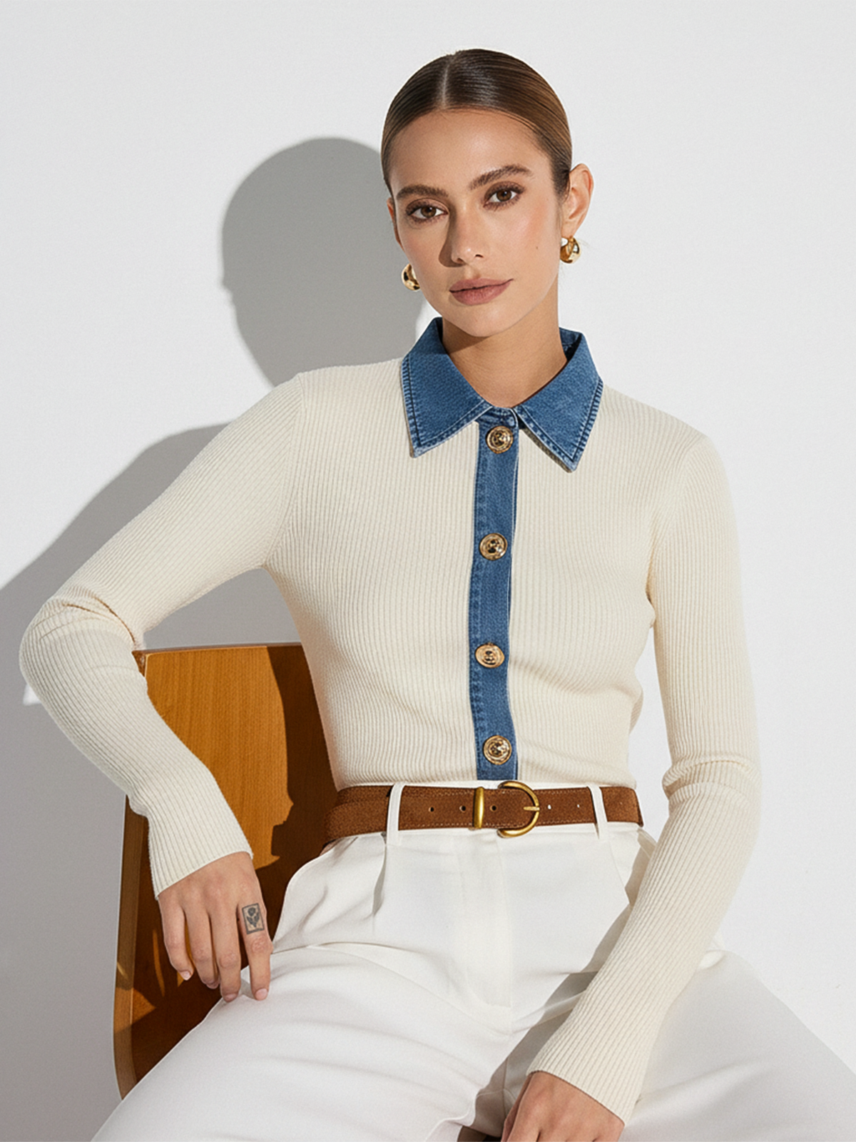 Wool Blend Denim Collar Metal Button Cardigan