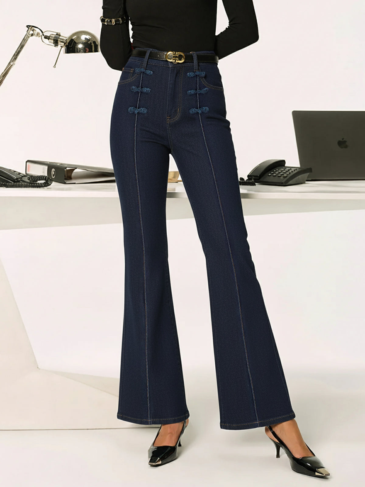 Mandarin-Knoten-Slim-Stretch-Flare-Jeans