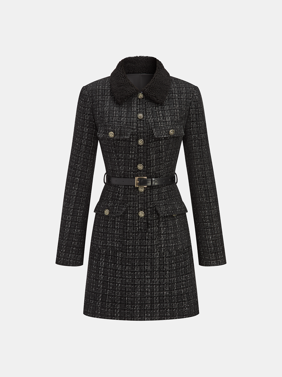 Faux Fur Collar Tweed Belted Mini Dress