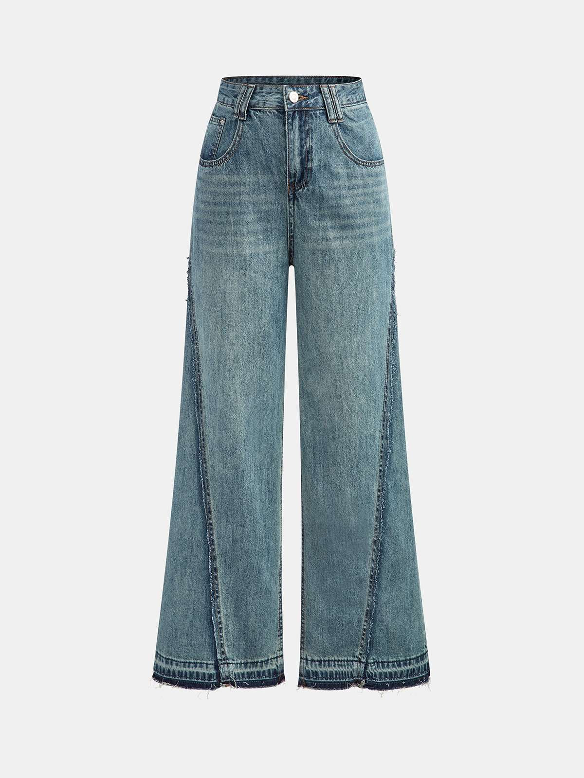 Frayed Hem Paneled Design High-Waisted Jeans
