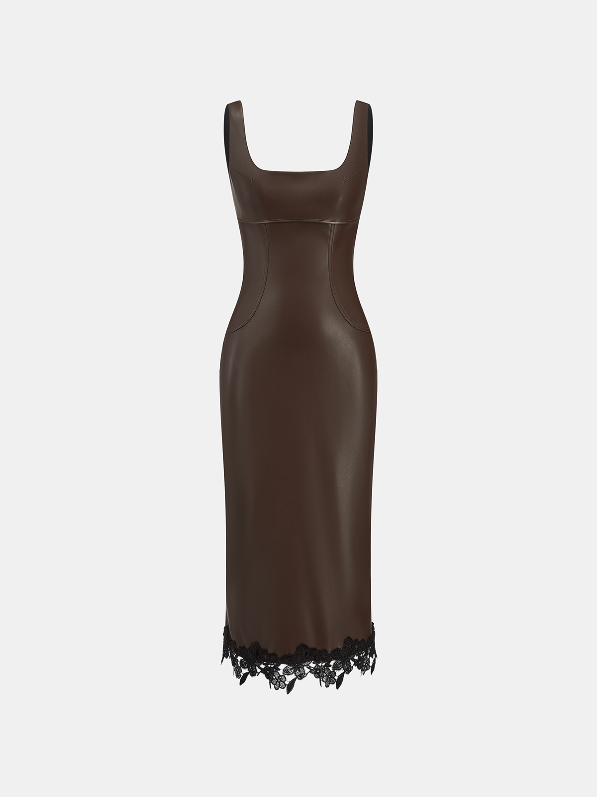 Robe longue sans manches en similicuir avec garniture en dentelle
