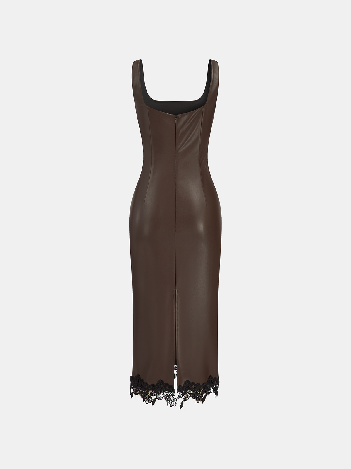 Robe longue sans manches en similicuir avec garniture en dentelle
