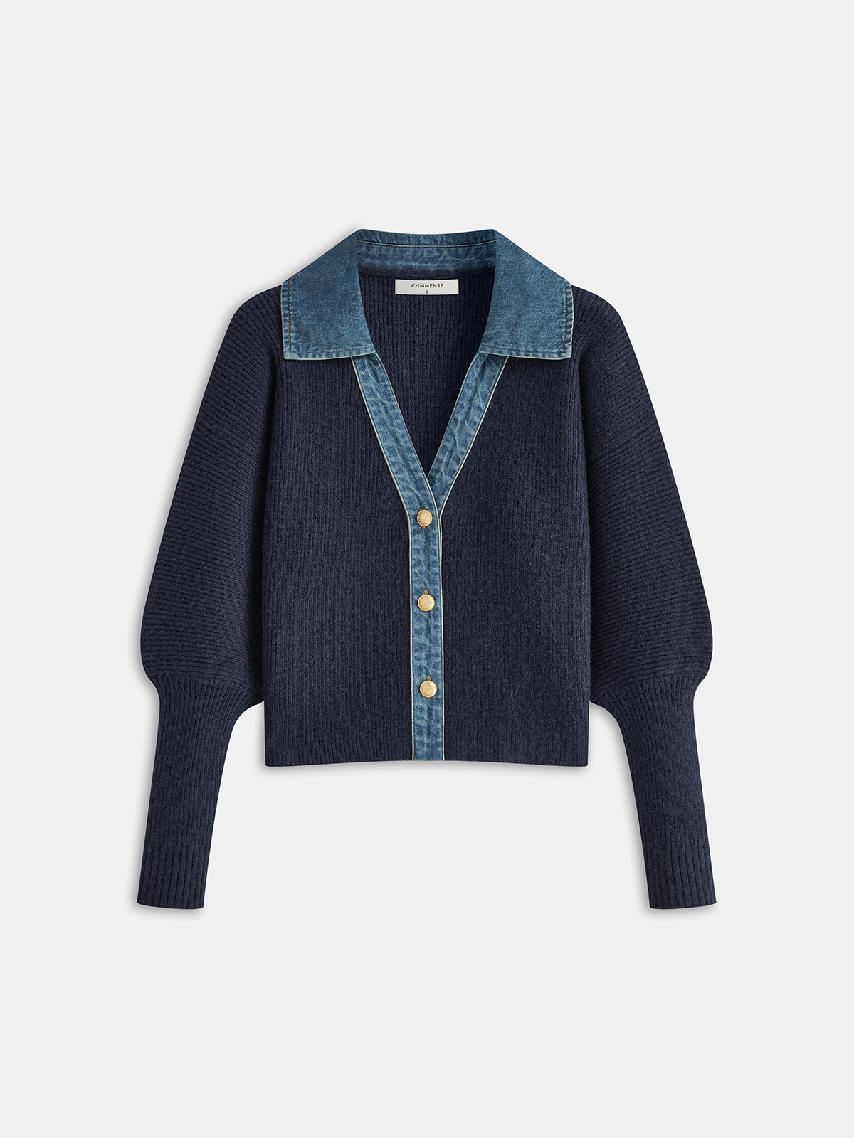 Leg-Of-Mutton Sleeve Denim Panel Knit Cardigan