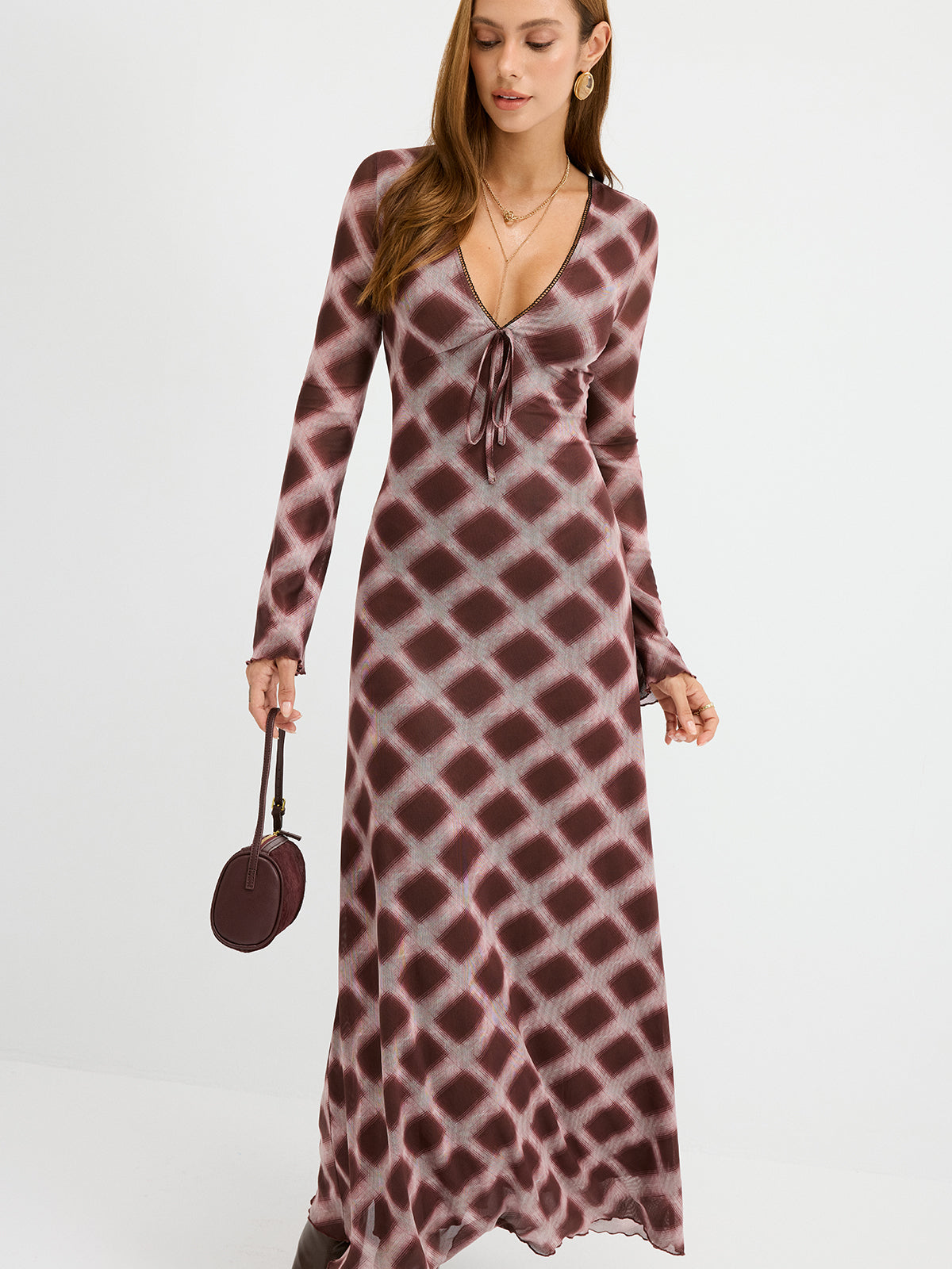 Kariertes Netz-Maxikleid