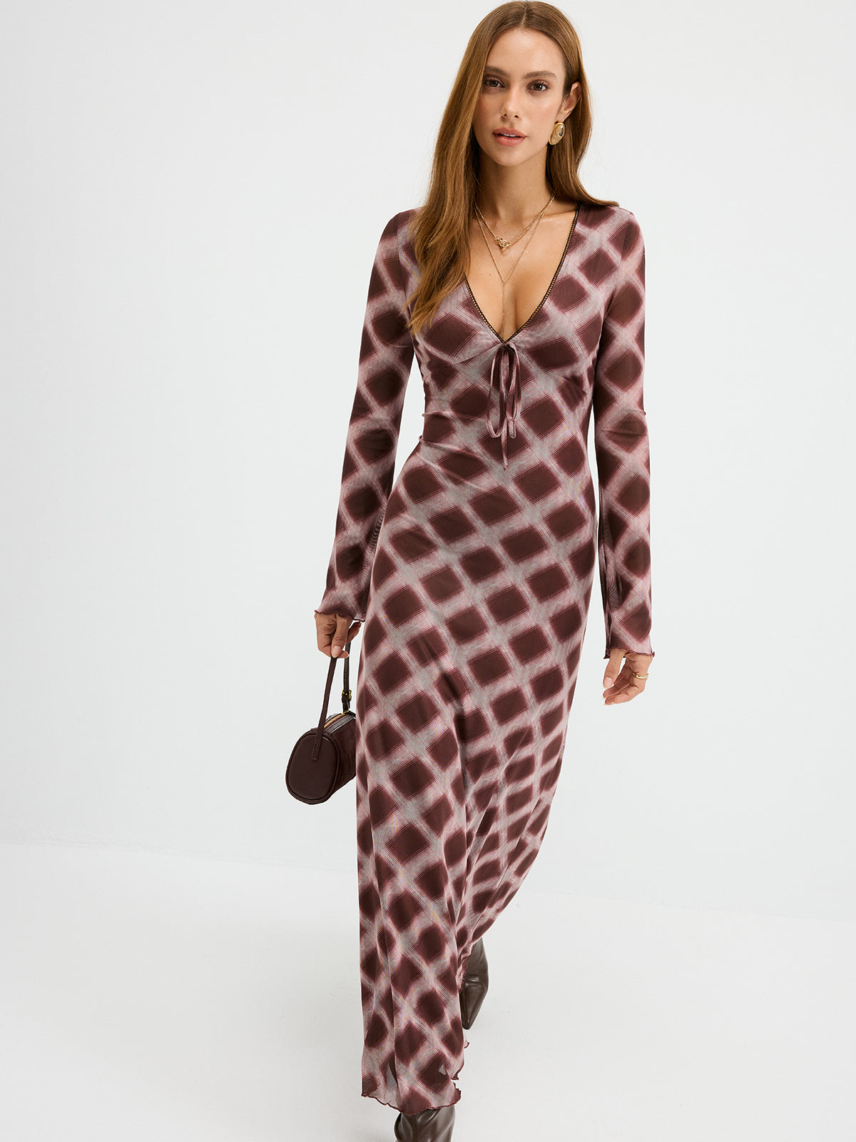 Kariertes Netz-Maxikleid
