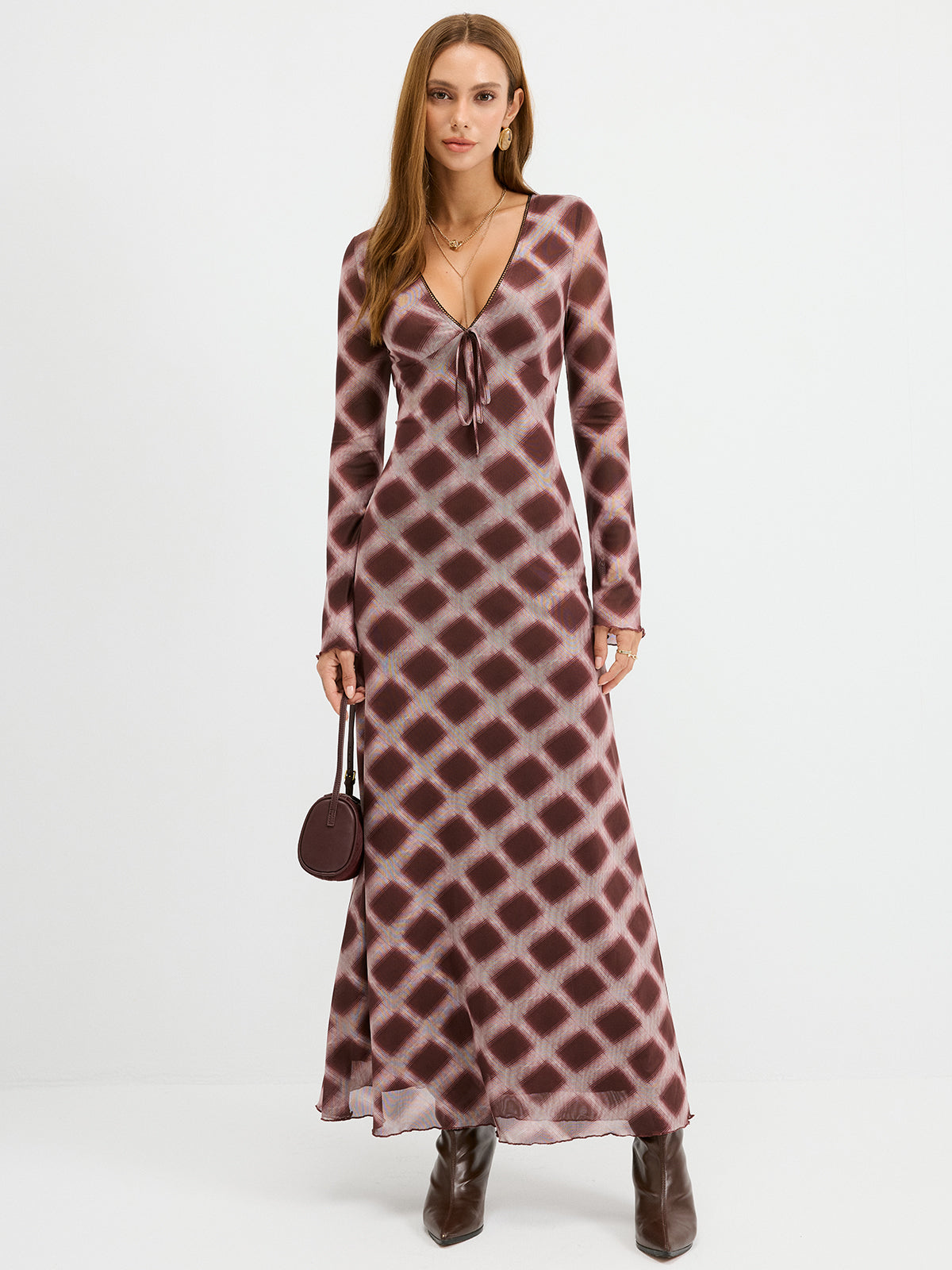 Kariertes Netz-Maxikleid