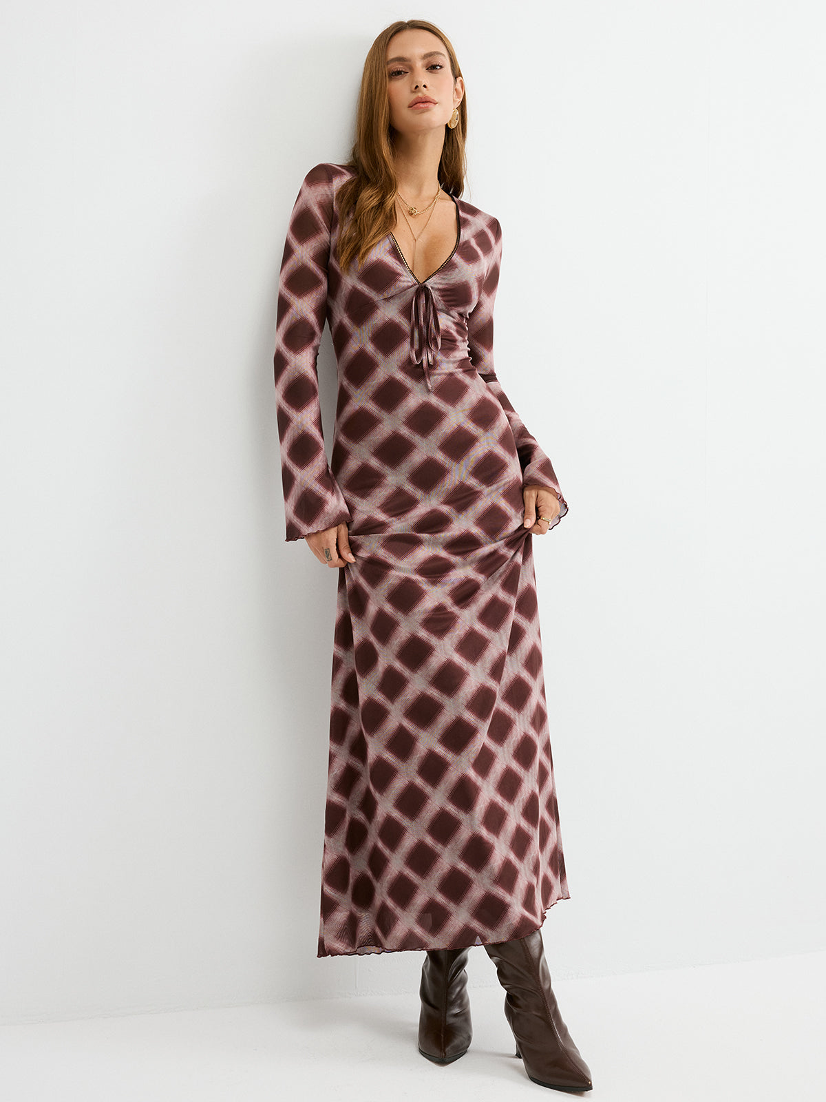 Kariertes Netz-Maxikleid