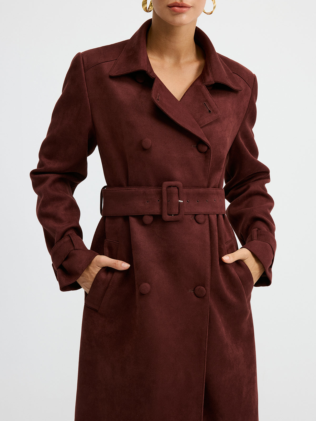 Suede Effect Double-Breasted Long Trench Coat