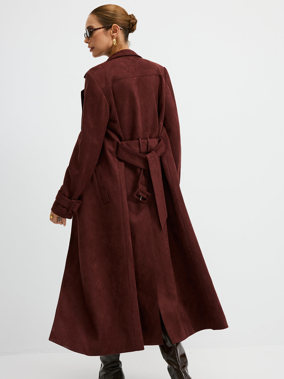 Suede Effect Double-Breasted Long Trench Coat