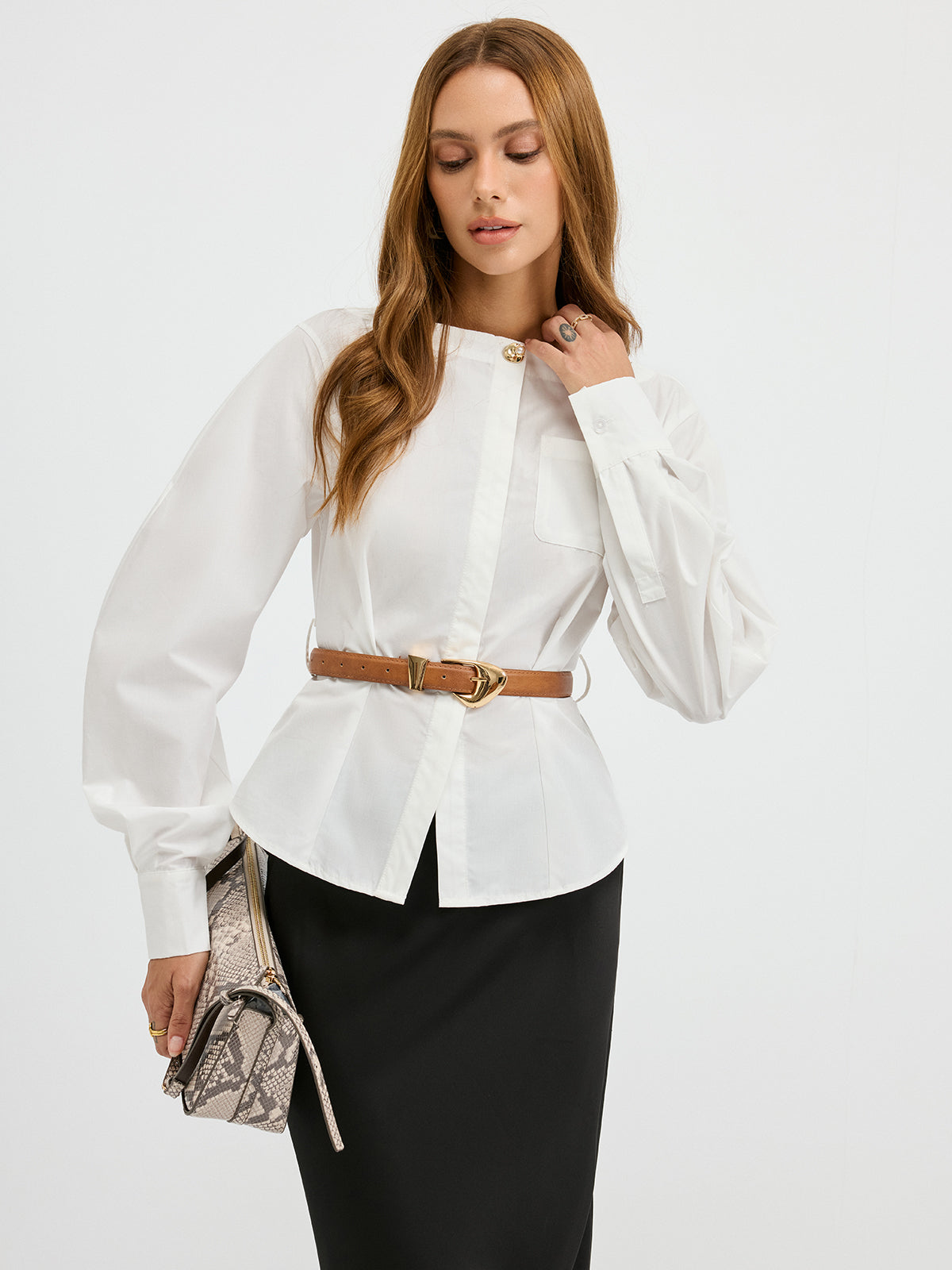 Boat Neck Curved Sleeve Belted Shirt