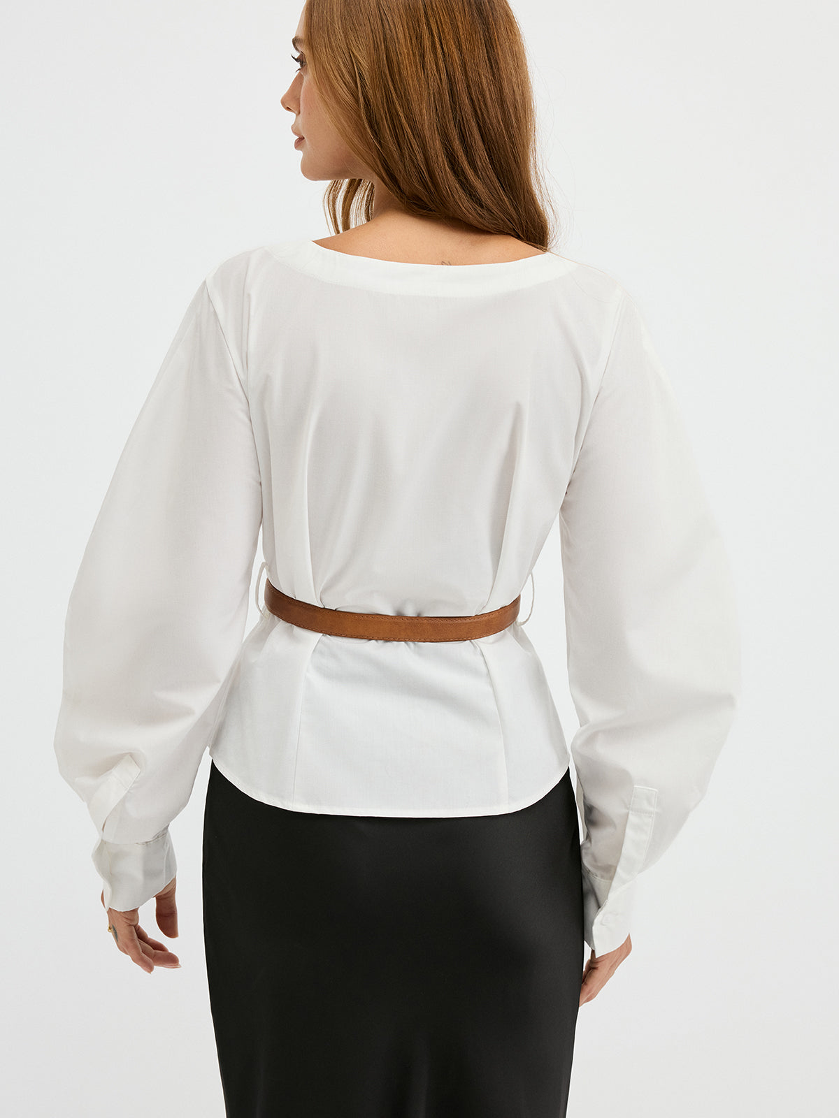 Boat Neck Curved Sleeve Belted Shirt