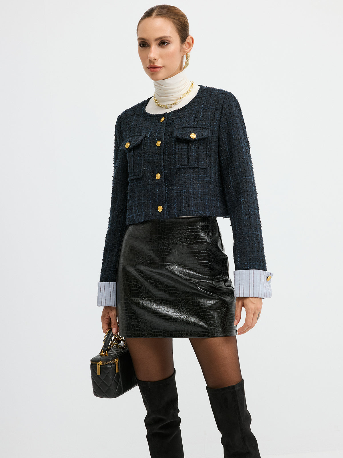 Tweed Cuffed-Sleeve Cropped Wool Blend Jacket