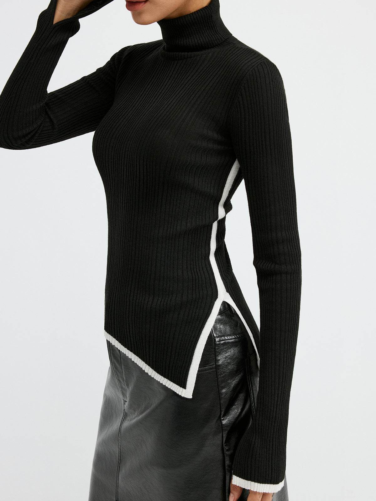 Turtleneck Contrast Trim Slit Wool Blend Knit Top