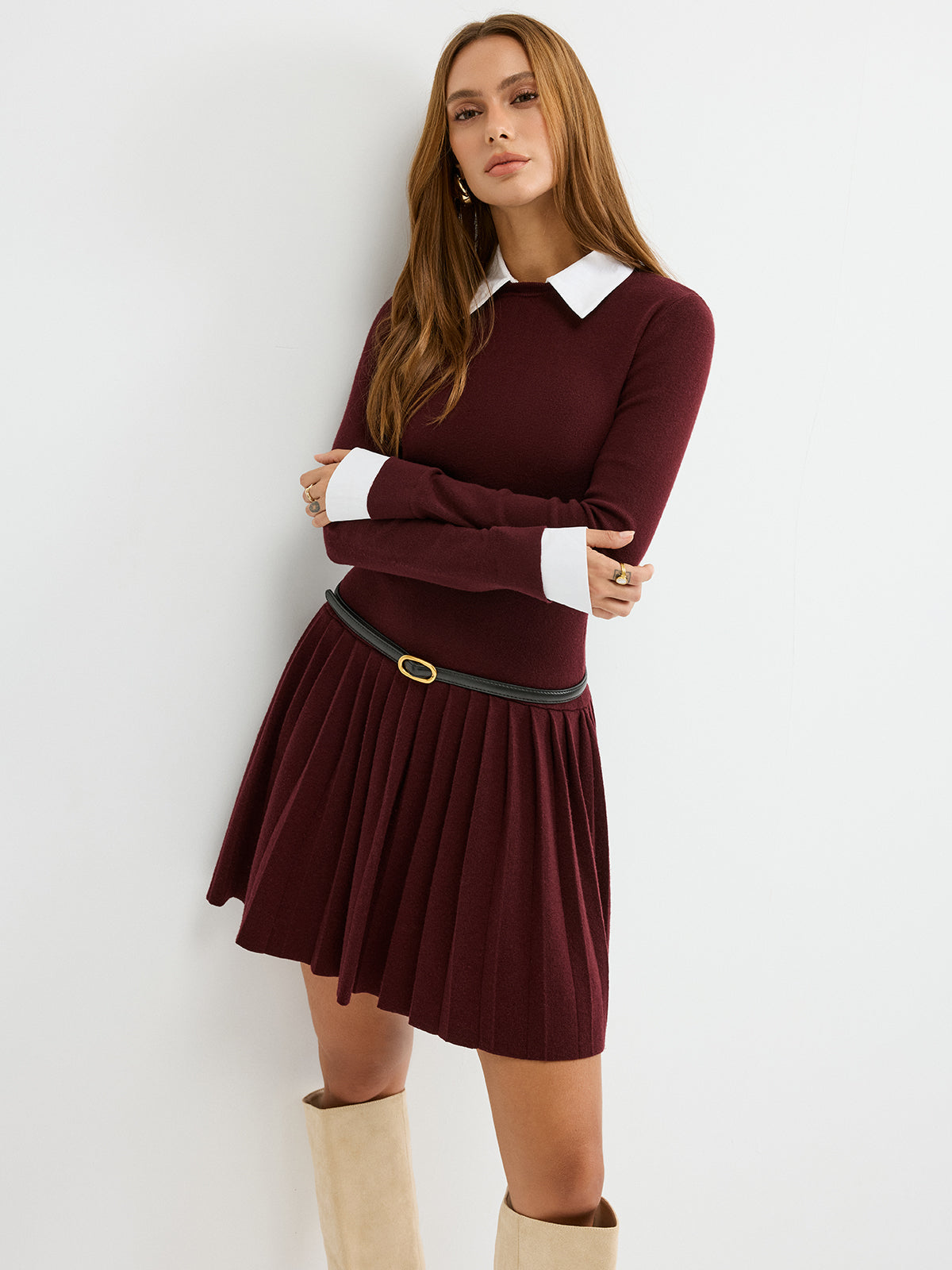 Detachable Shirt Collar Pleated Mini Dress without Belt