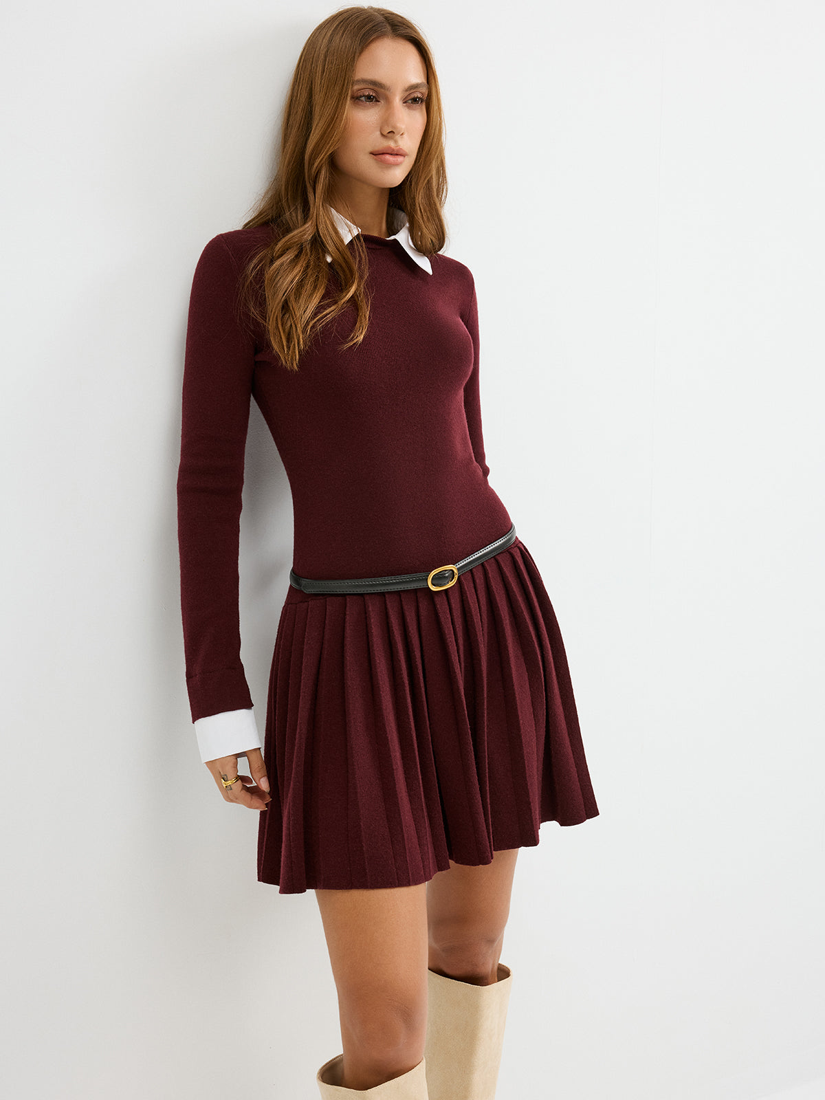 Detachable Shirt Collar Pleated Mini Dress without Belt